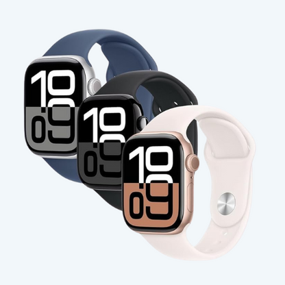 Four smartwatches with different colored bands on a white background