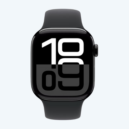 Black smartwatch with digital display on a white background