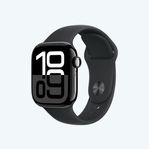 Black smartwatch with digital display on a light gray background