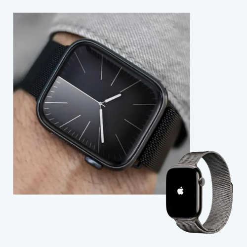 Smartwatch with black screen and mesh band on a person's wrist, with a close-up of the watch face and band.